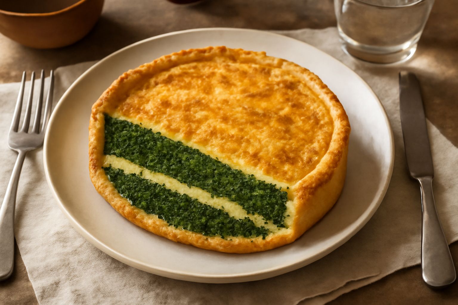 Torta di blitum dorata al forno, affettata e servita in piatto bianco, con involucro di pasta brisée croccante e interno verde brillante della verdura cotta, guarnita con parmigiano grattugiato