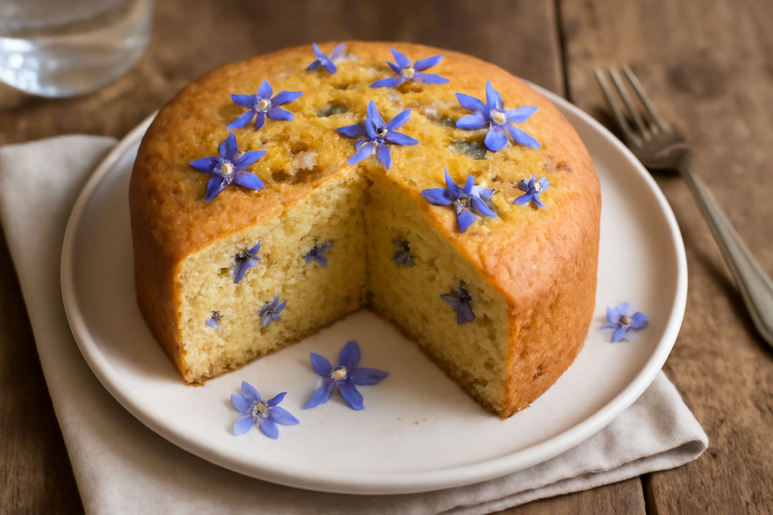 Torta di borragine intera su piatto bianco, superficie leggermente dorata e soffice, decorata con fiori azzurri di borragine freschi e spolverata di zucchero a velo