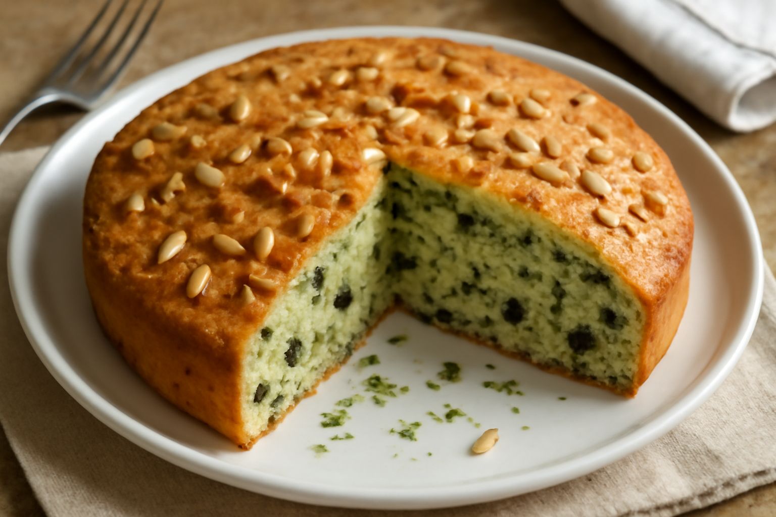 Torta di borrana appena sfornata su un piatto bianco, superficie dorata e lievitata, guarnita di pinoli interi, fetta tagliata che mostra la mollica morbida con filamenti verdi di borragine e chicchi 