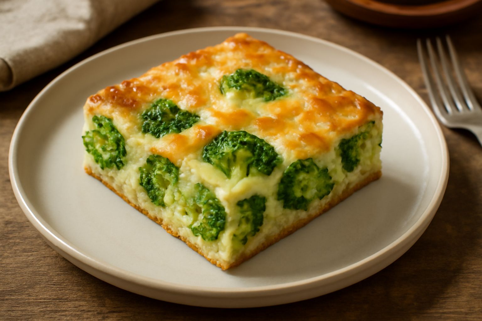 Torta di broccoli appena sfornata, dal colore verde e dorato, tagliata in fette quadrate su un piatto bianco con un contorno di insalata verde fresca