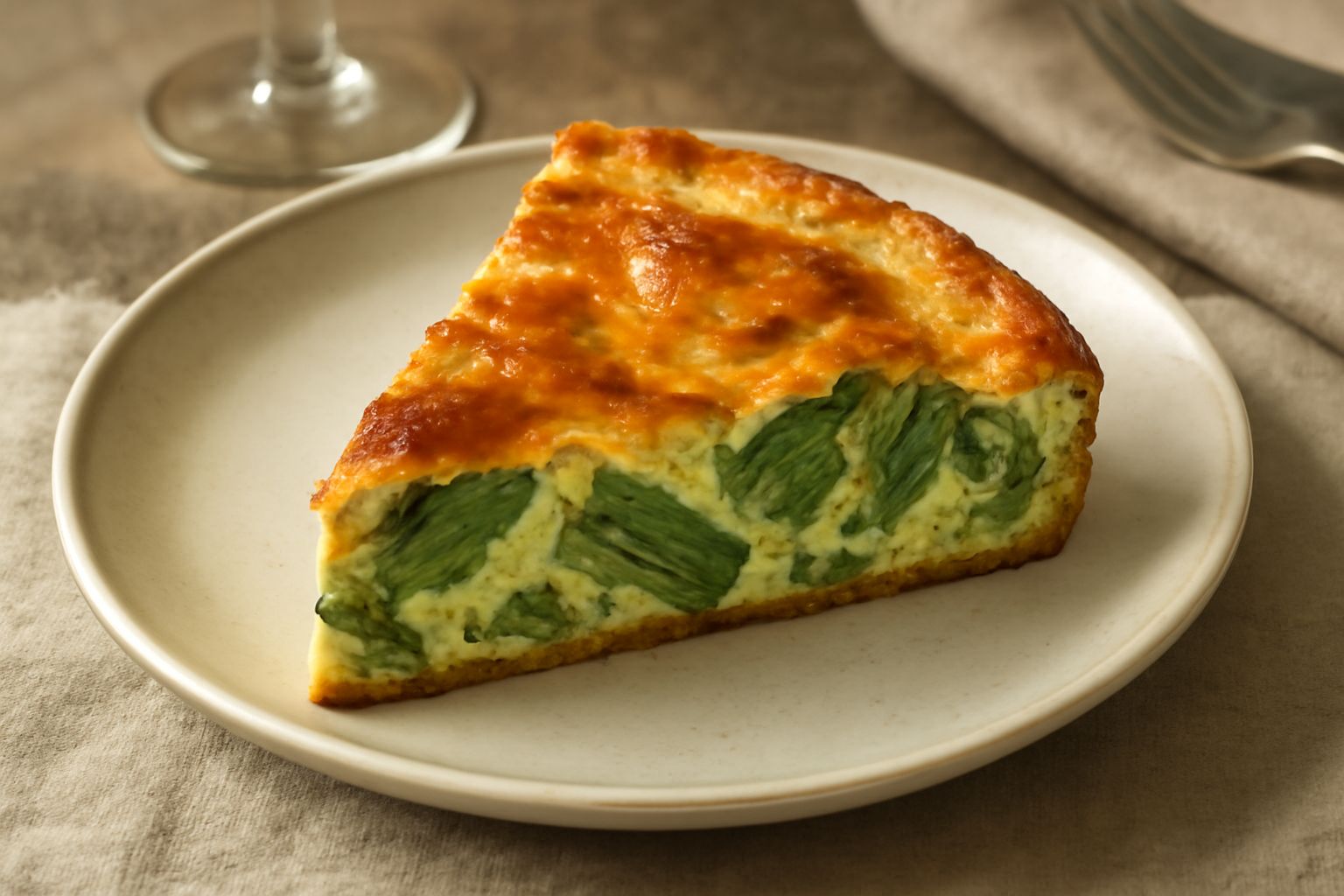 Torta di carciofi dorata e gonfia in piatto bianco, tagliata a fette, con carciofi visibili al taglio e sfondo neutro, servita con limone fresco a lato