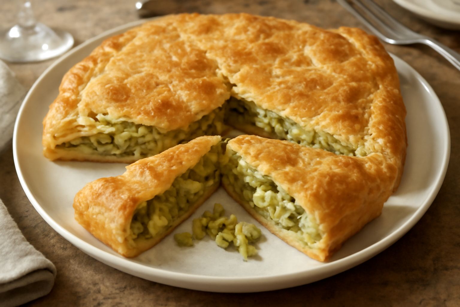 Torta di carciofini appena sfornata, con pasta sfoglia dorata croccante, superficie irregolare che mostra il ripieno di carciofini verdi e formaggio fuso, sezionata in fette triangolari su piatto bian