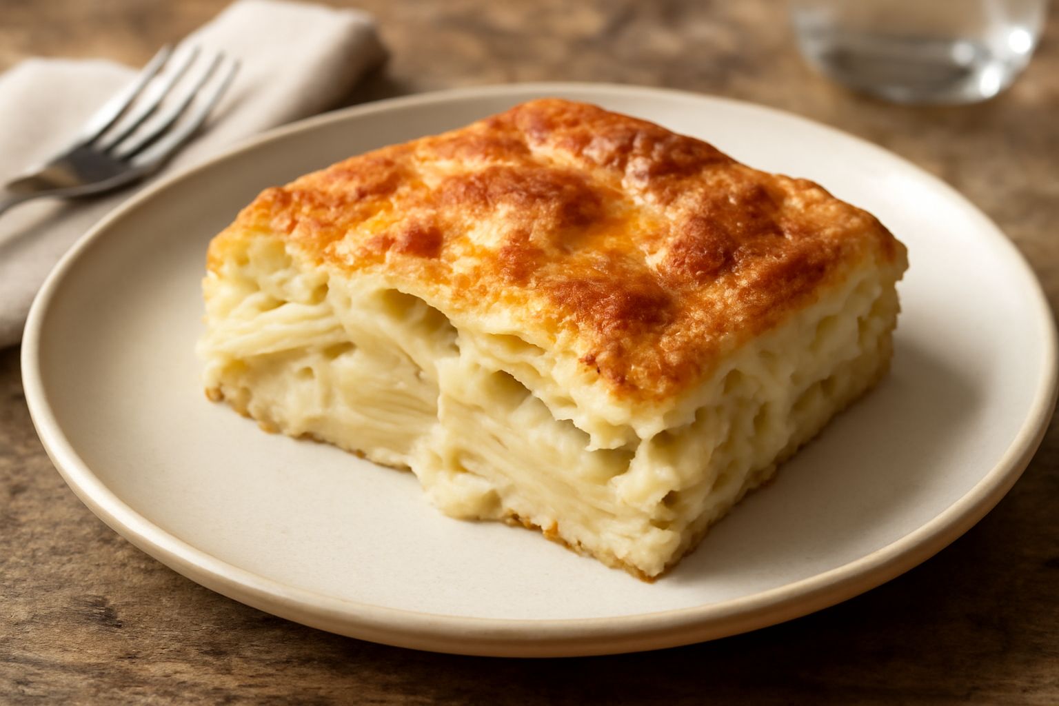 Torta di cardi appena sfornata in pirofila bianca, superficie dorata e leggermente gonfia, cardi bianchi e teneri visibili al taglio, formaggio grattugiato croccante in superficie, vapore ancora tiepi