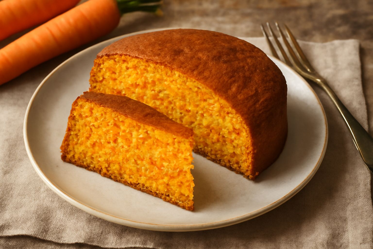 Torta di carote intera su piatto bianco, superficie dorata e uniforme, fetta tagliata che mostra la mollica arancione e morbida punteggiata di carote visibili, decorata con una spolverata di zucchero 