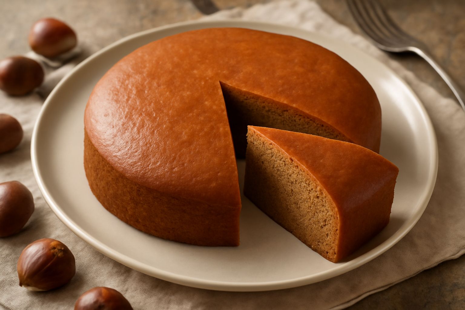Una torta di castagne dorata e morbida, tagliata a spicchi, con una crosta uniforme color ambra e miga densa e compatta visibile al taglio, servita su un piatto bianco