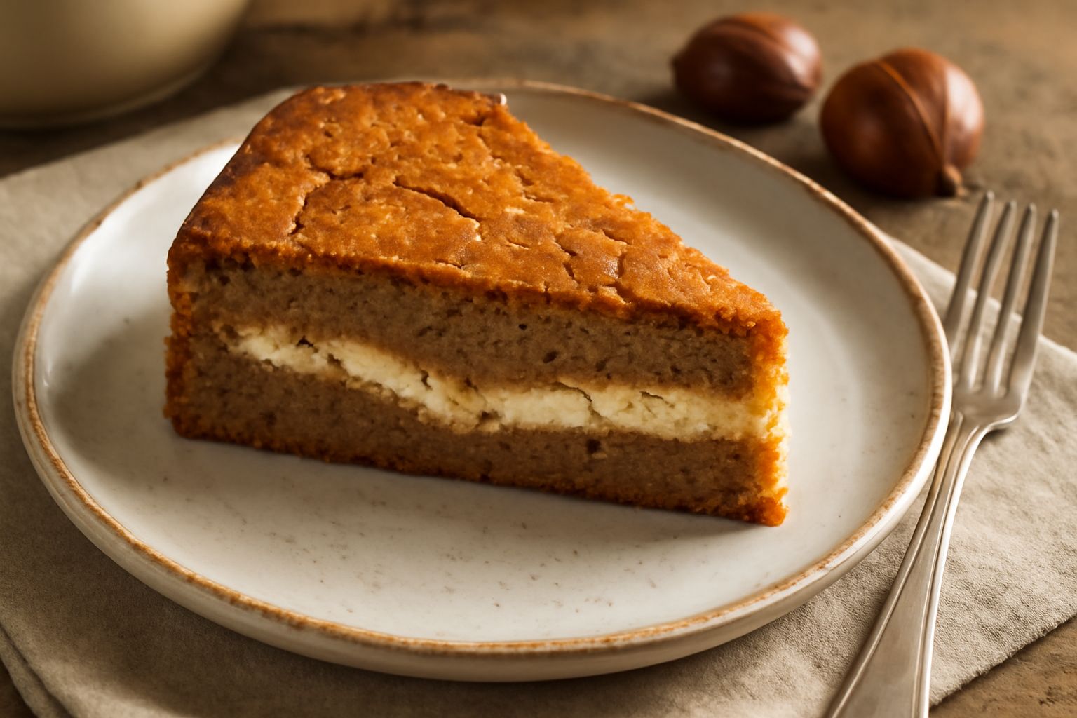 Una fetta di torta di castagne e formaggio dal colore marrone dorato, con una mollica compatta e cremosa visibile al taglio, servita in piatto bianco con una spolverata di zucchero a velo