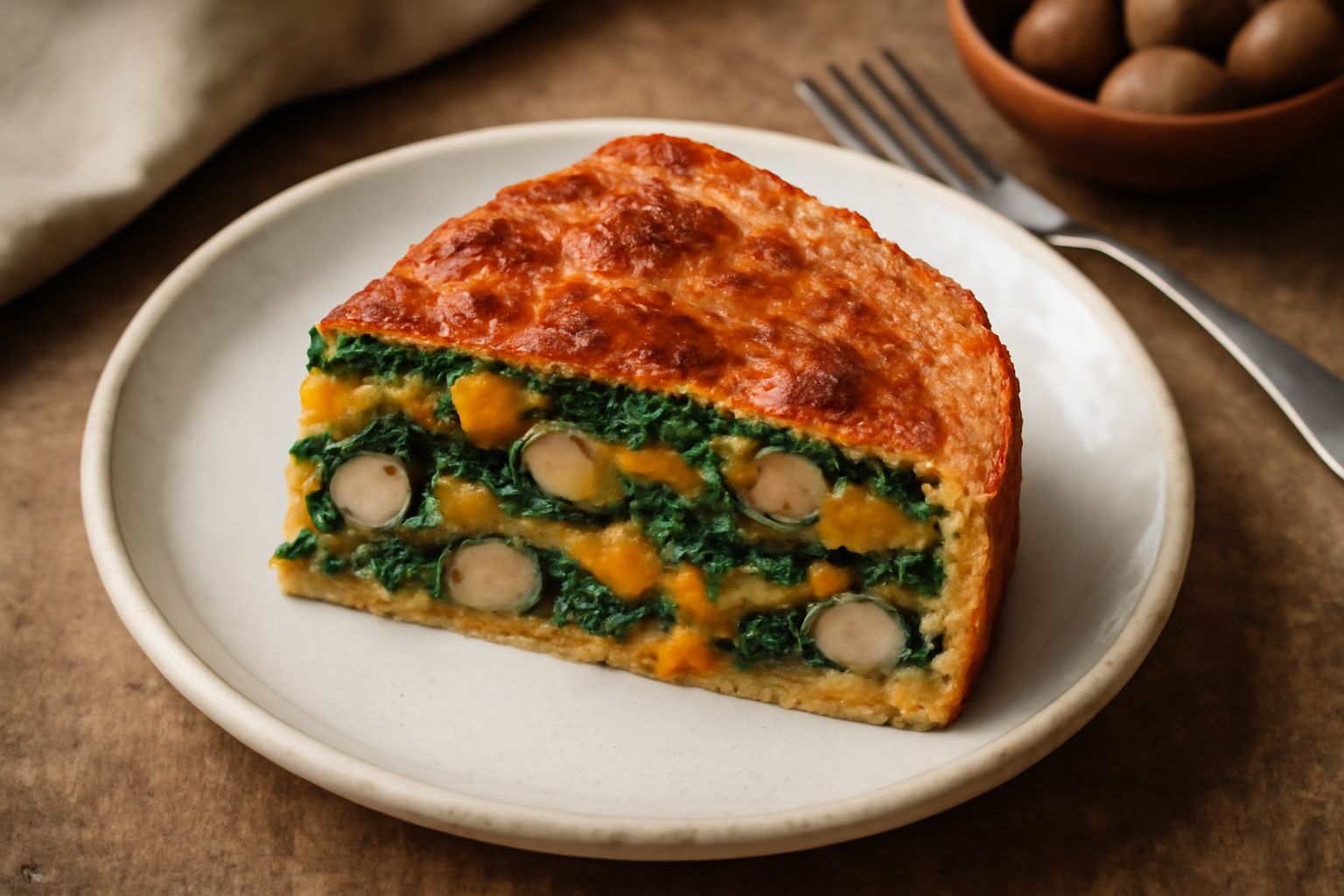 Torta di castagne e verdure tagliata a spicchio, con superficie dorata e striature di spinaci e zucca visibili nel ripieno, servita in un piatto bianco con bordo sottile