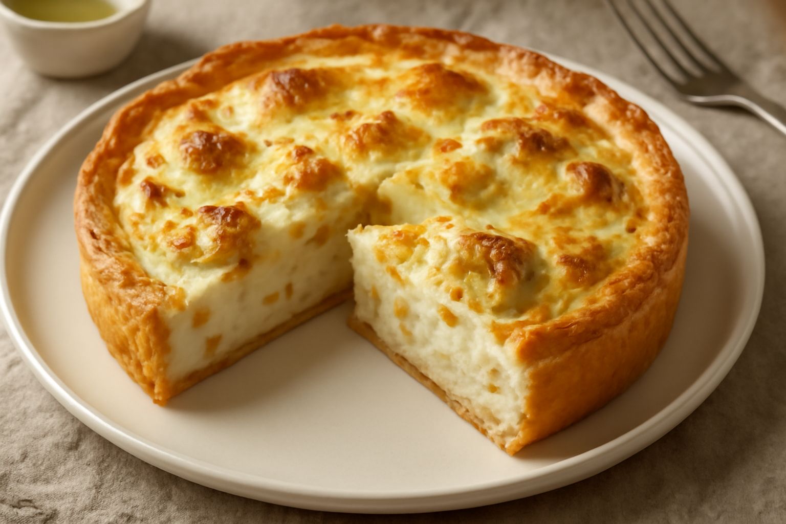 Torta salata di cavolfiore e formaggio appena sfornata, superficie dorata e croccante, tagliata in spicchi. Dentro si vede il ripieno cremoso bianco e pezzetti di cavolfiore tostati. Piatto in ceramic