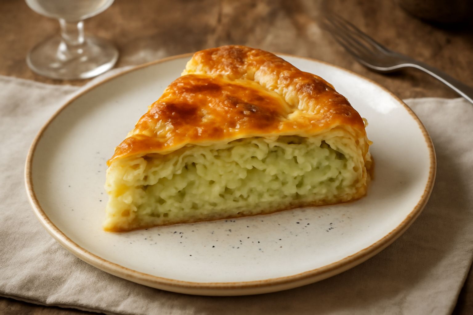 Torta di cavolo tagliata a fette, con crosta dorata e ripieno verde scuro di cavolo, poggiata su un piatto bianco con contorno di insalata fresca