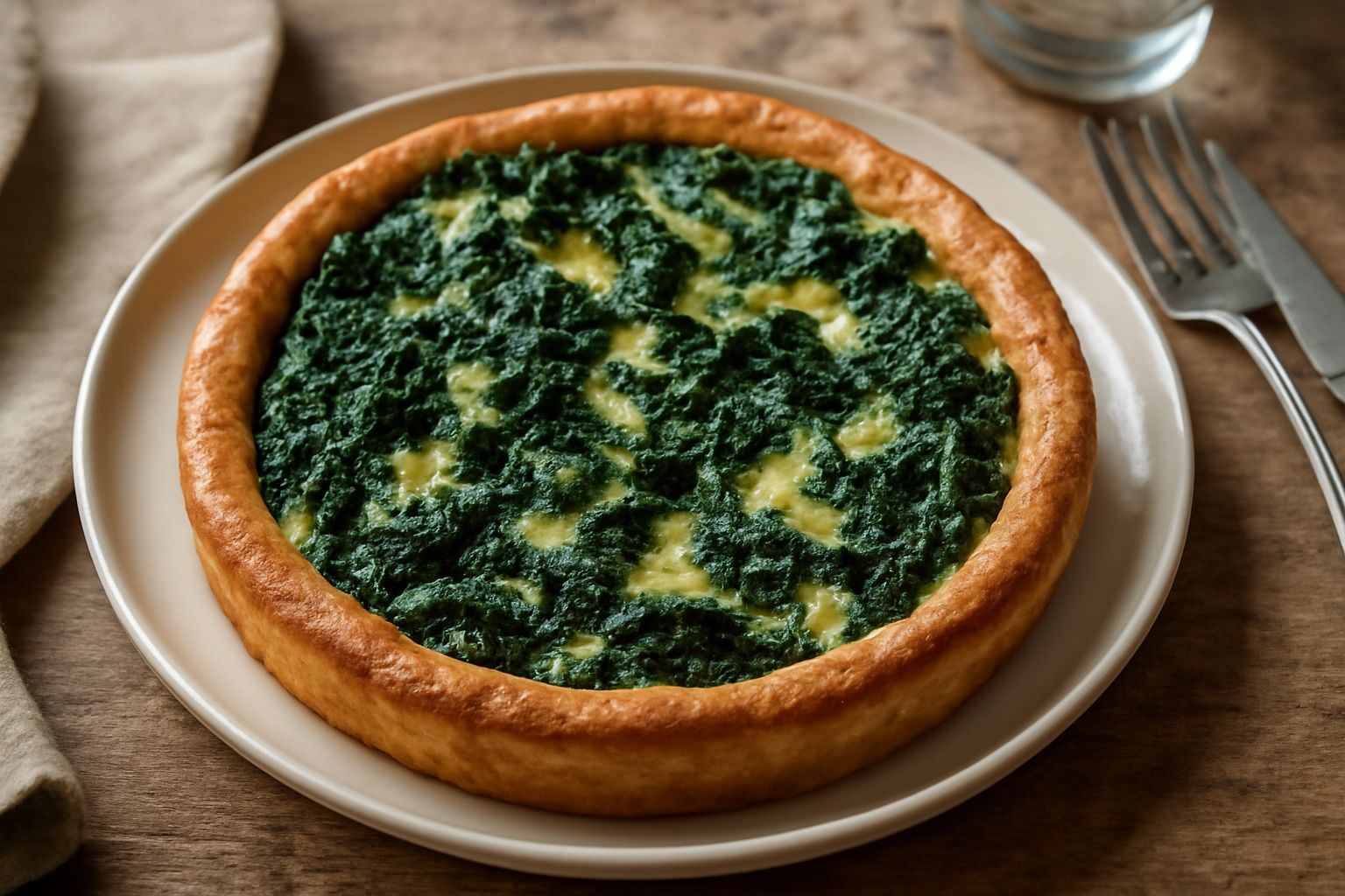 Torta di cavolo nero tagliata a fette su piatto bianco, superficie dorata e croccante, interno verde brillante di cavolo con strati di formaggio fuso, bordo esterno dorato e sfogliato