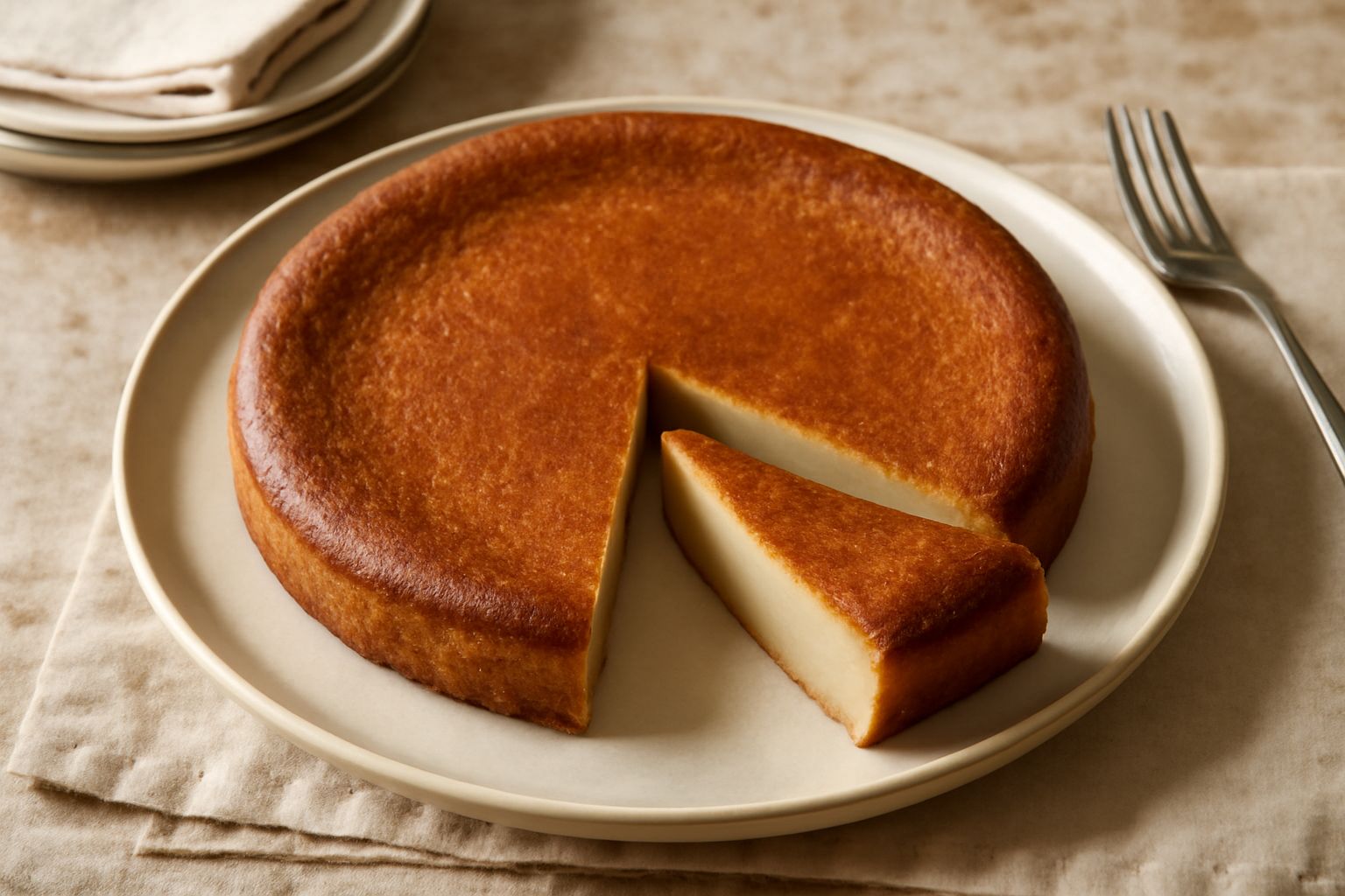 Torta di ceci dorata, intera e affettata, con superficie liscia e colore marrone nocciola, servita su piatto bianco. Texture soffice e compatta visibile dalle fette, bordi ben definiti e crosta legger