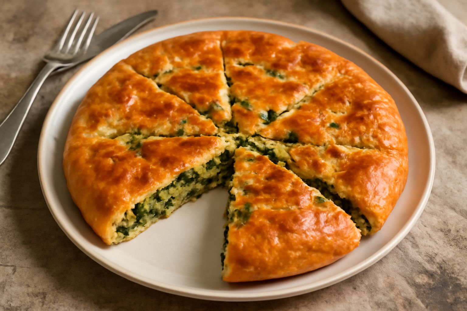 Torta di cicoria appena sfornata, dal colore dorato uniforme, tagliata in 4 spicchi, posta su un piatto bianco, con la cicoria verde scuro visibile nella sezione trasversale, contorno di piatto vuoto