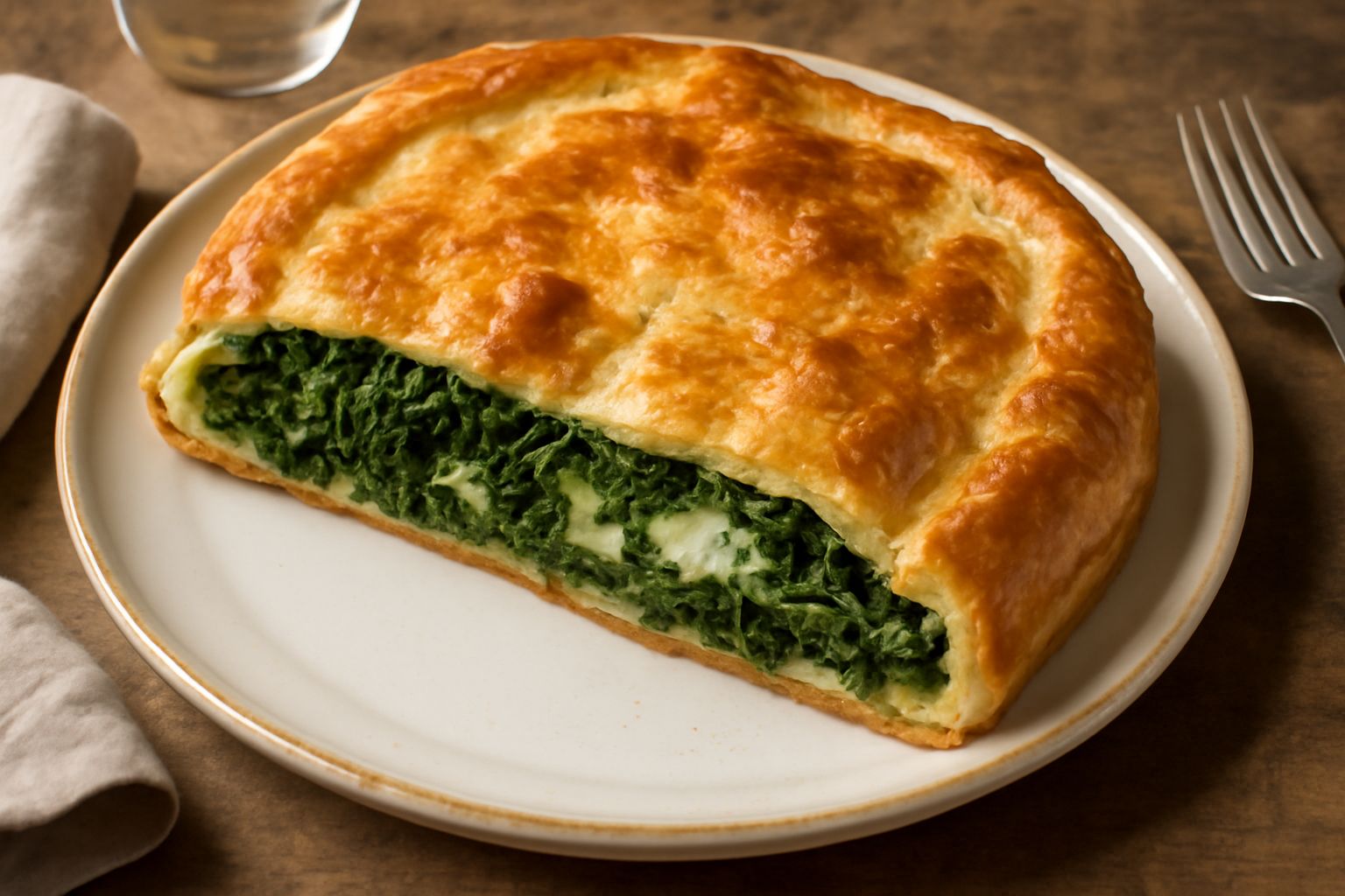 Torta di cicoria e formaggio tagliata a spicchi, ripiena di cicoria verde scuro e formaggio filante color crema, con crosta dorata su piatto bianco