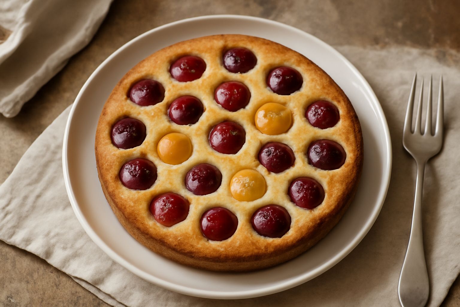 Torta di ciliegie vista dall'alto in piatto bianco: impasto dorato con ciliegie fresche rosse e nere sparse sulla superficie, contorno di polvere di zucchero a velo