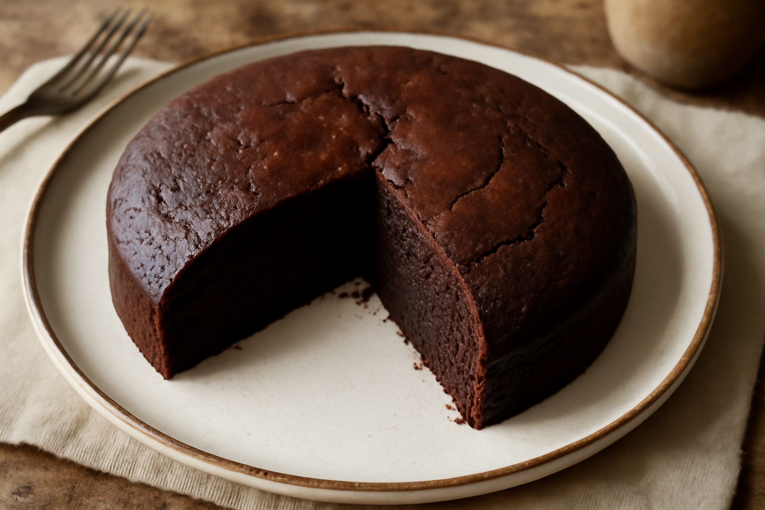 Torta di cioccolato tonda, scura, coperta di polvere di cacao e con una fetta tagliata che mostra l'interno umido e compatto, servita su piatto bianco