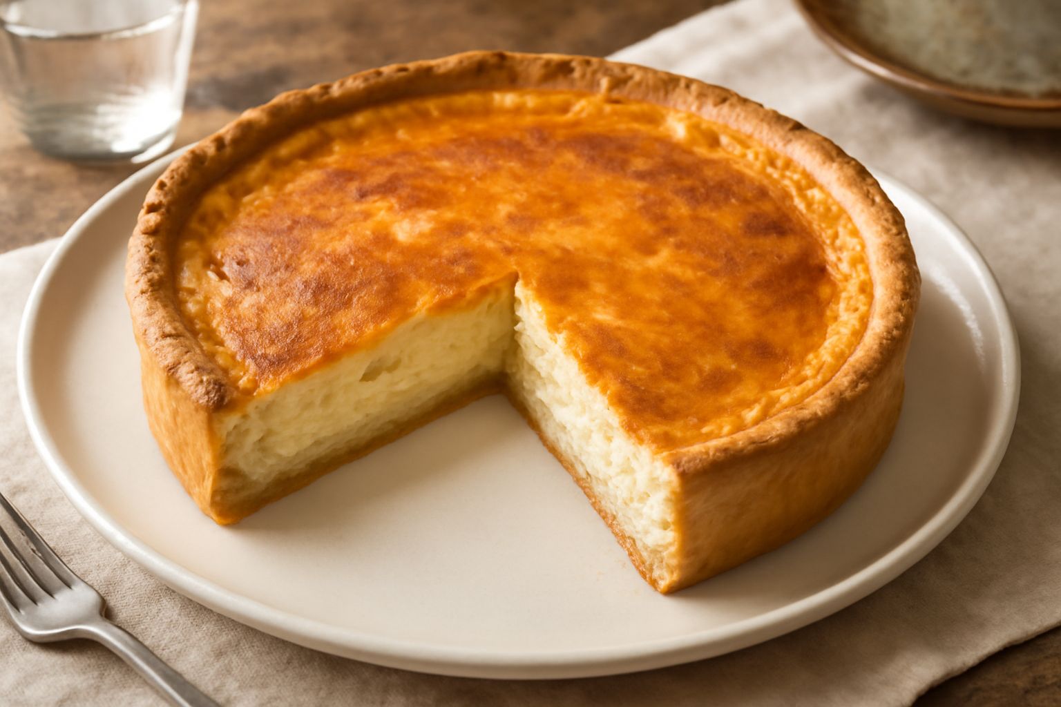 Torta di cipolla dorata con taglio a fetta che mostra la farcia cremosa di uova e formaggio, con cipolle caramellate visibili in superficie, servita su piatto bianco