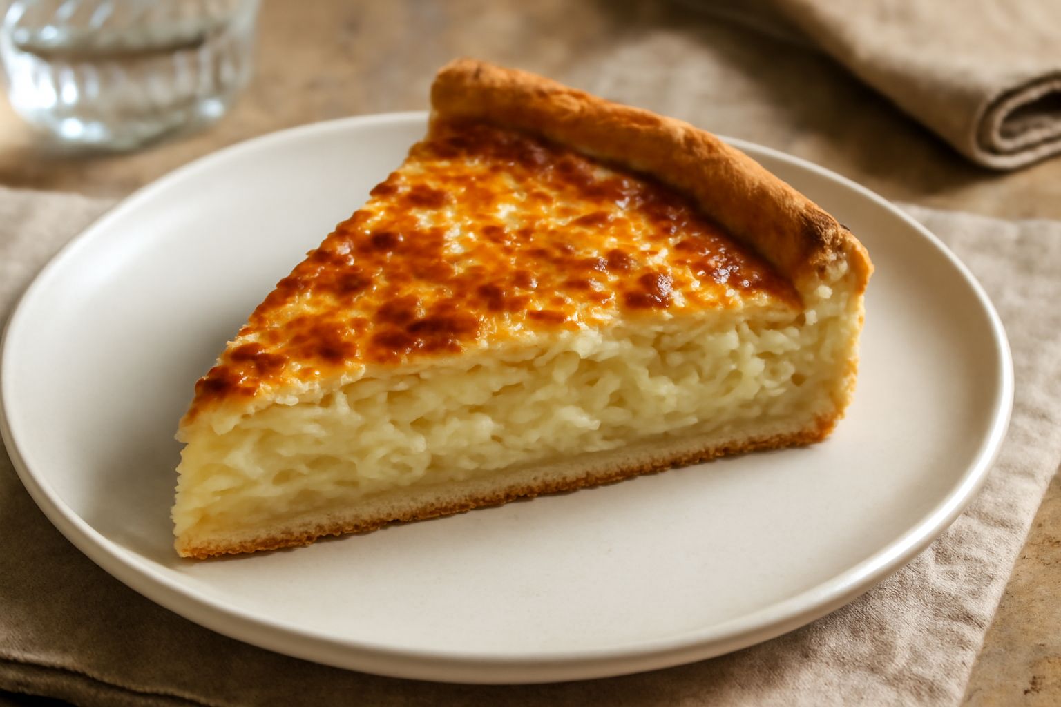 Torta di cipolla dolce rettangolare su piatto bianco, con margine della pasta dorato, superficie del ripieno coperta di formaggio gratinato leggermente scuro e filante, cipolla caramellata visibile tr