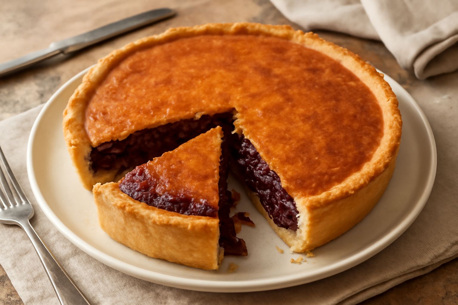 Torta di cipolla trevigiana appena sfornata, con crosta dorata e superficie lucida dove affiorano strisce di cipolla rossa caramellata, tagliata a spicchi su piatto bianco, con cipolla trevigiana inte