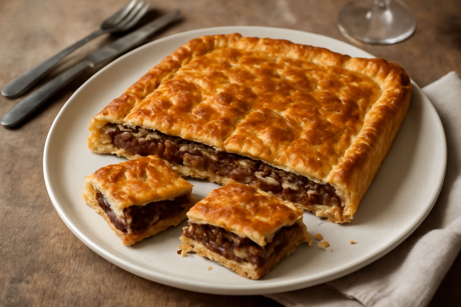 Torta di cipolle caramellate tagliata a fette, con superficie dorata e croccante, ripieno di cipolle scure e filamenti di formaggio fuso, servita su piatto bianco