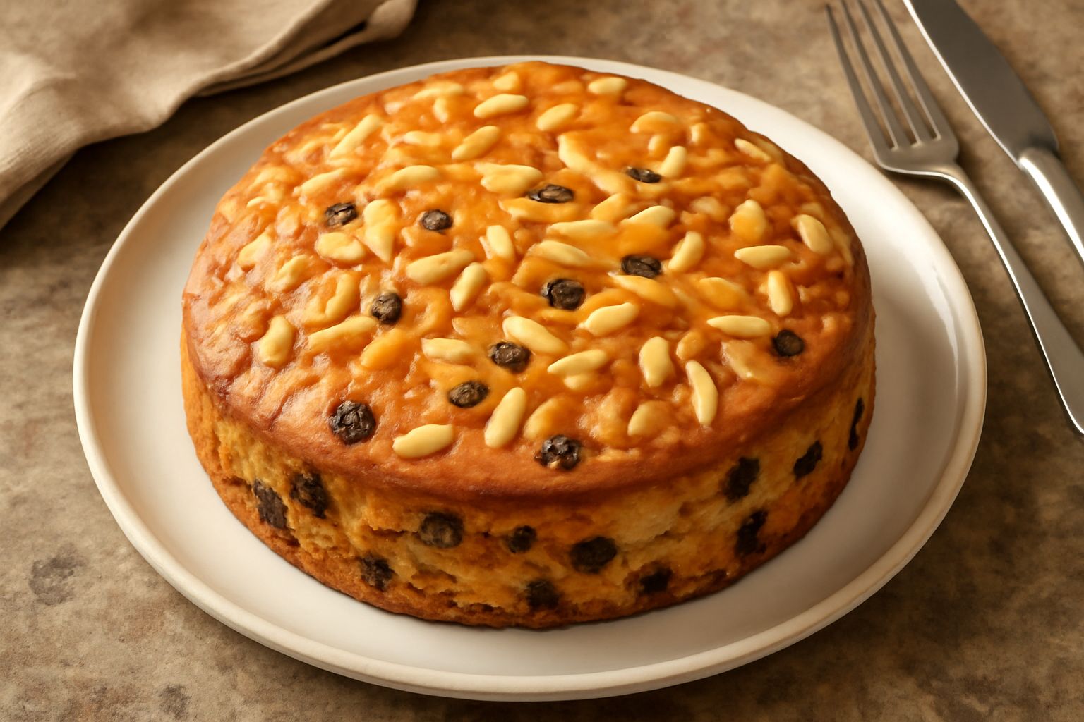 Una fetta di torta di Como su piatto bianco, con vista della mollica dorata punteggiata di uvetta scura, canditi gialli e rossi, e pinoli bianchi interi. Superficie uniforme leggermente dorata, decora