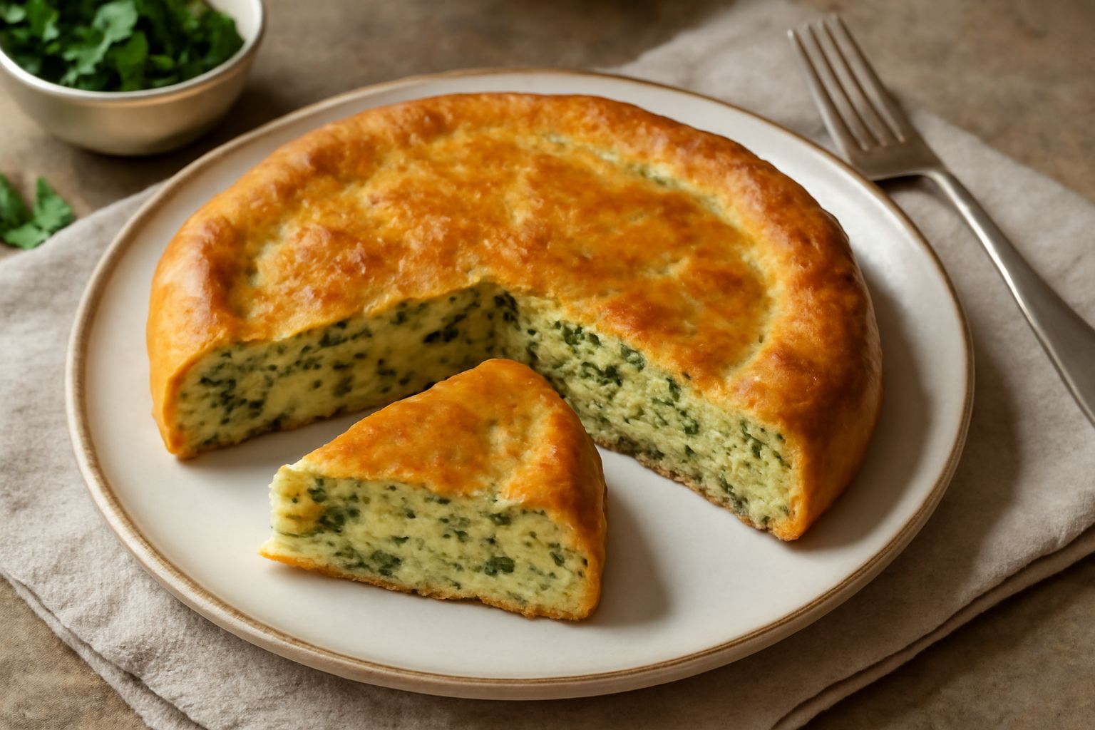Torta di erbe dorata e morbida affettata su un piatto bianco, con una trama regolare, erbe verdi visibili nella pasta, servita con un bicchiere d'acqua