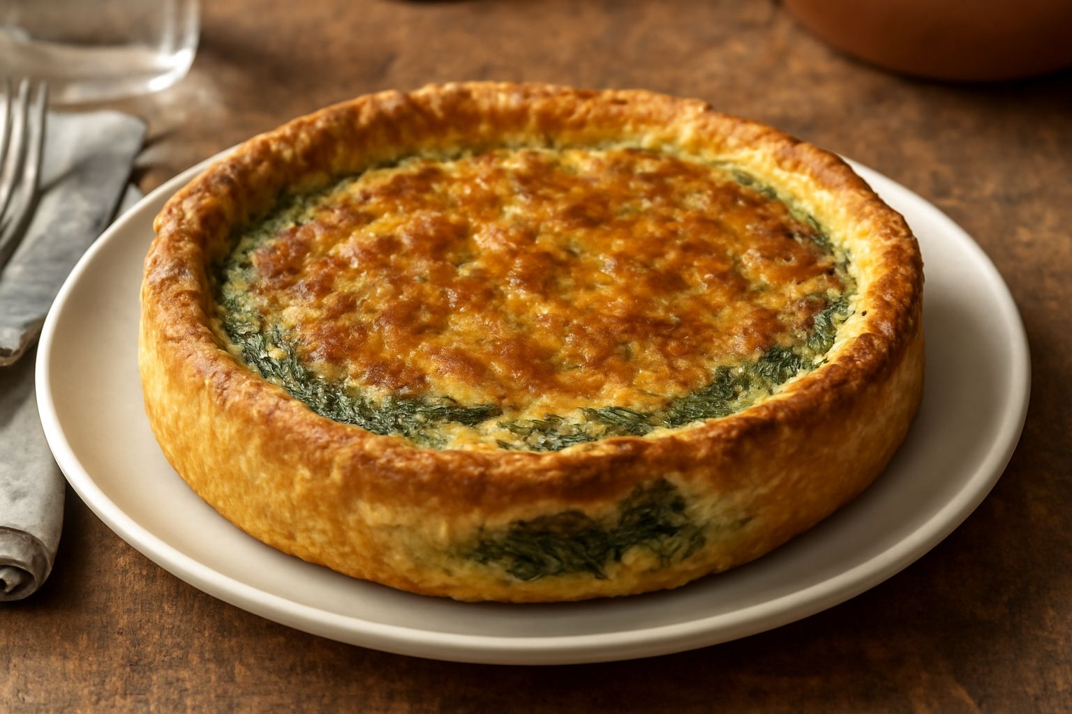 Torta salata dorata e croccante in una pirofila di ceramica, divisa in 8 fette triangolari. La superficie è uniforme e lievemente gonfia, il ripieno di erbe verde scuro si intravede dai bordi irregola