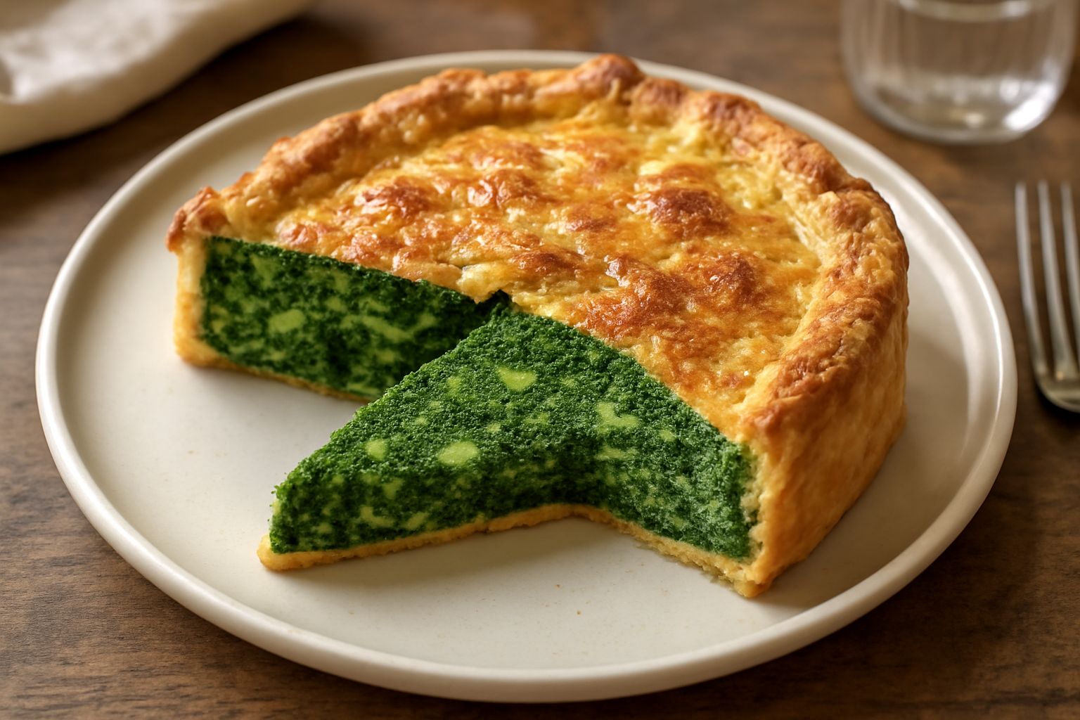 Torta di erbette tagliata a fette in un piatto bianco, con pasta dorata e ripieno verde intenso di verdure, spolverata leggermente di formaggio grattugiato