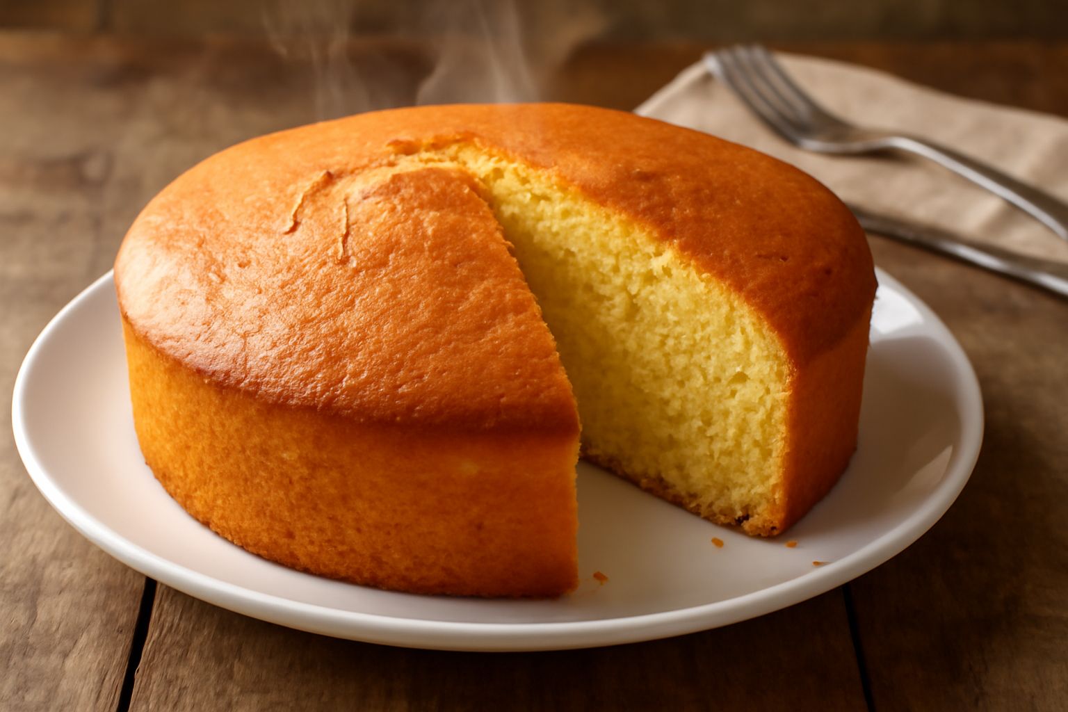 Torta di farina dorata con crosta leggera, tagliata a fette, morbida all'interno, su piatto bianco con coltello da dolce e tovaglia di lino