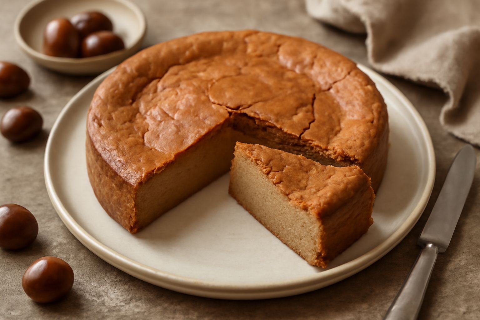 Torta di farina di castagne dorata in superficie, tagliata a fette regolari su piatto bianco, con interno morbido di colore marrone chiaro e nessuna decorazione