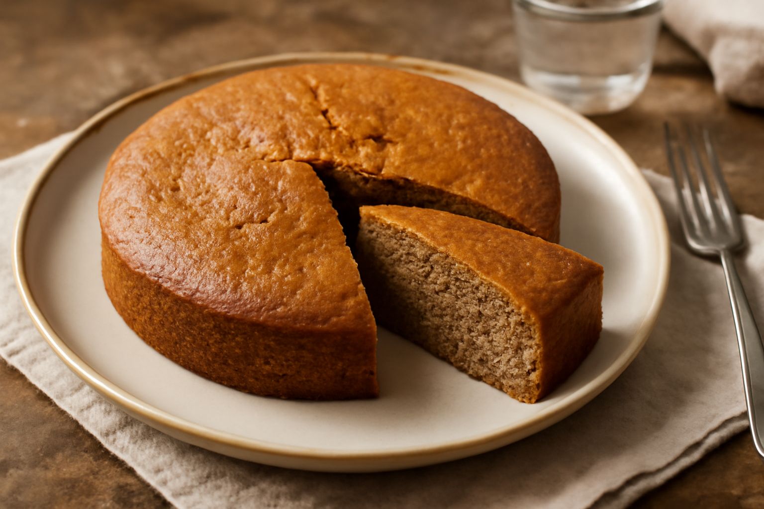 Torta di farro intera su un piatto bianco, superficie dorata e uniforme, fetta tagliata che mostra la miga compatta color nocciola, guarnita da una leggera spolverata di zucchero a velo