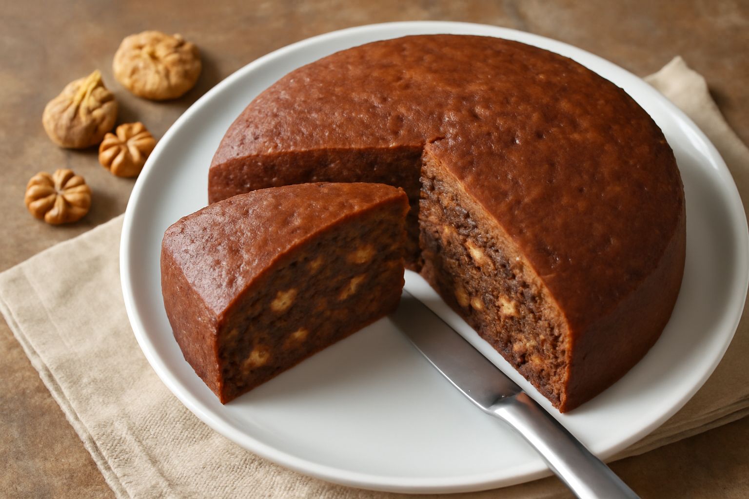 Torta di fichi secchi e noci affettata su piatto bianco, mostra l'interno umido e screziato di pezzi di fico e granelli di noce, superficie superiore dorata e opaca