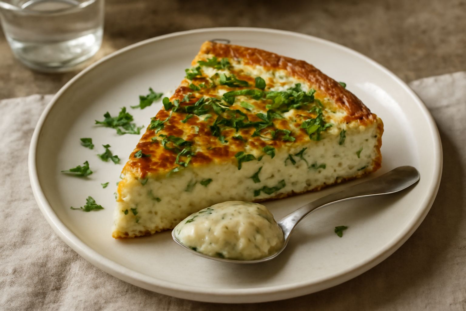 Torta di formaggio e erbe appena sfornata, dorata in superficie, con una consistenza cremosa visibile nella sezione tagliata, guarnita con foglie di prezzemolo e menta fresca, servita in piatto bianco