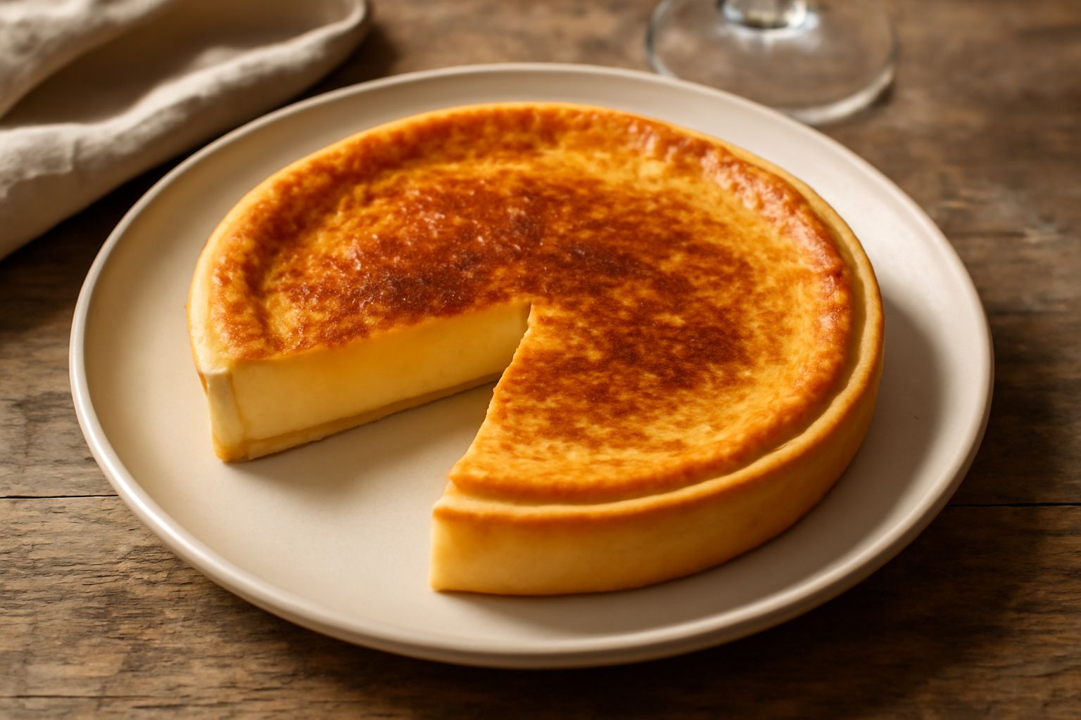 Torta di formaggio e uova con superficie dorata e leggermente gonfia, tagliata per mostrare l'interno cremoso e compatto, servita su piatto bianco con una forchetta