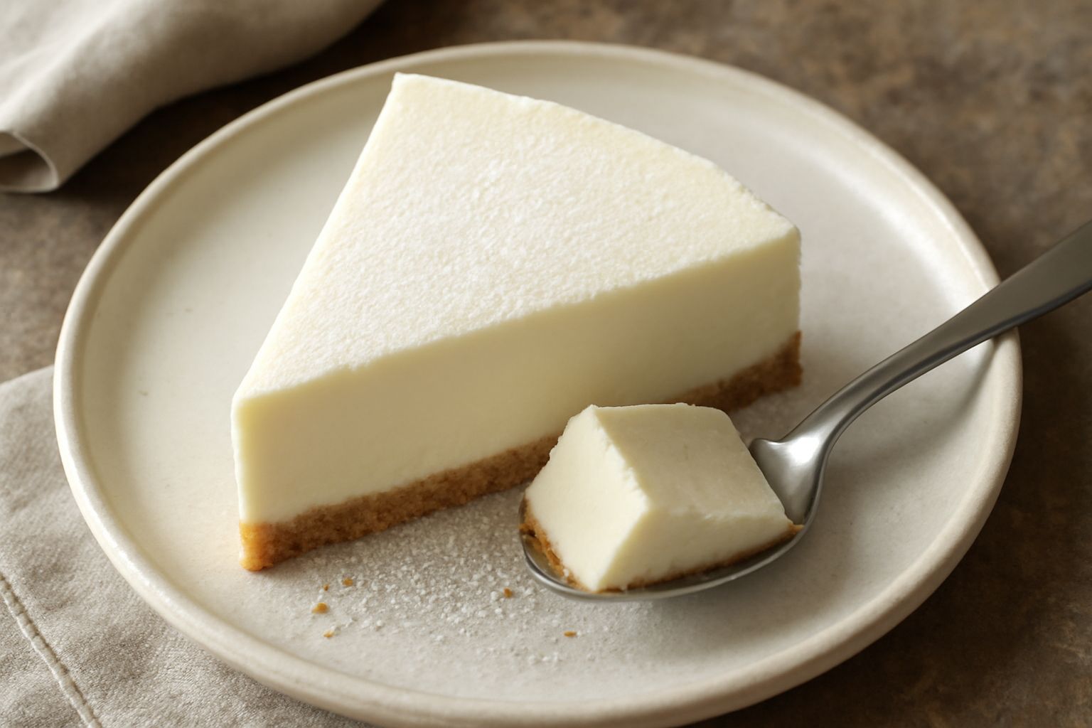 Torta di formaggio fresco con superficie liscia e cremosa di colore bianco avorio, base biscotto dorata, decorata con scorza di limone grattugiata e qualche biscotto sgranato sopra, servita su piatto 