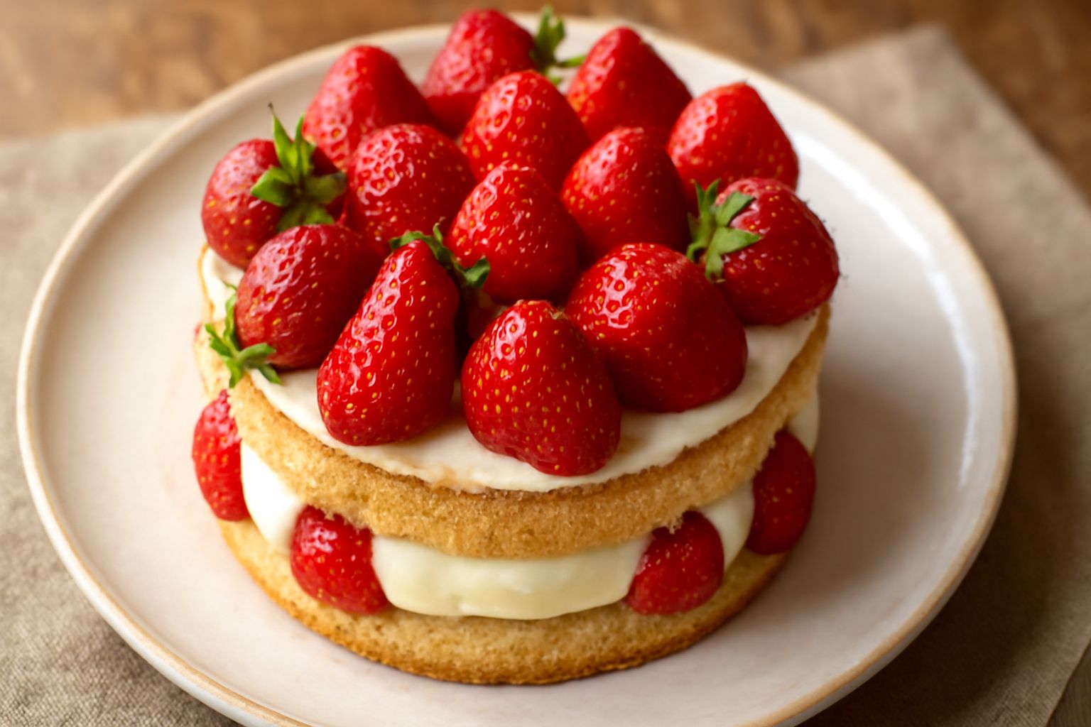 Torta di fragole rotonda con pan di spagna dorato chiaro, crema bianca che emerge tra gli strati, fragole rosse intere disposte a grappolo sulla superficie e sul bordo con foglioline verdi, servita su