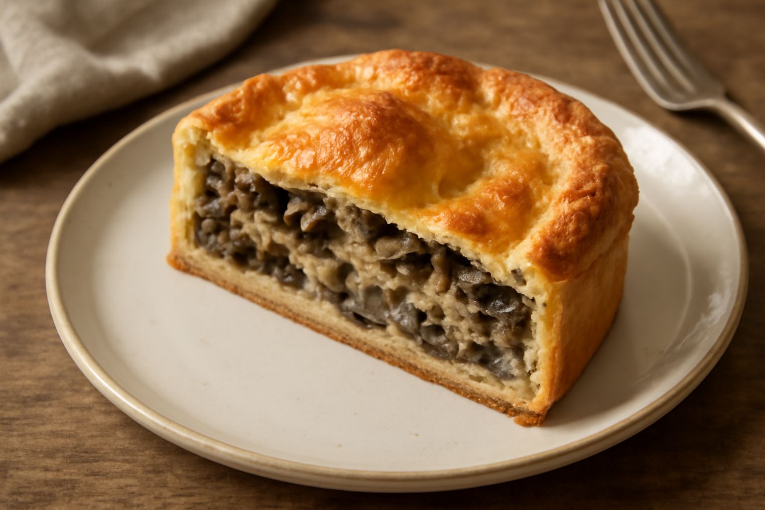 Torta di funghi appena sfornata, con superficie dorata e leggermente gonfia, affettata per mostrare il ripieno di funghi scuri e crema chiara, su un piatto bianco con contorno di insalata fresca
