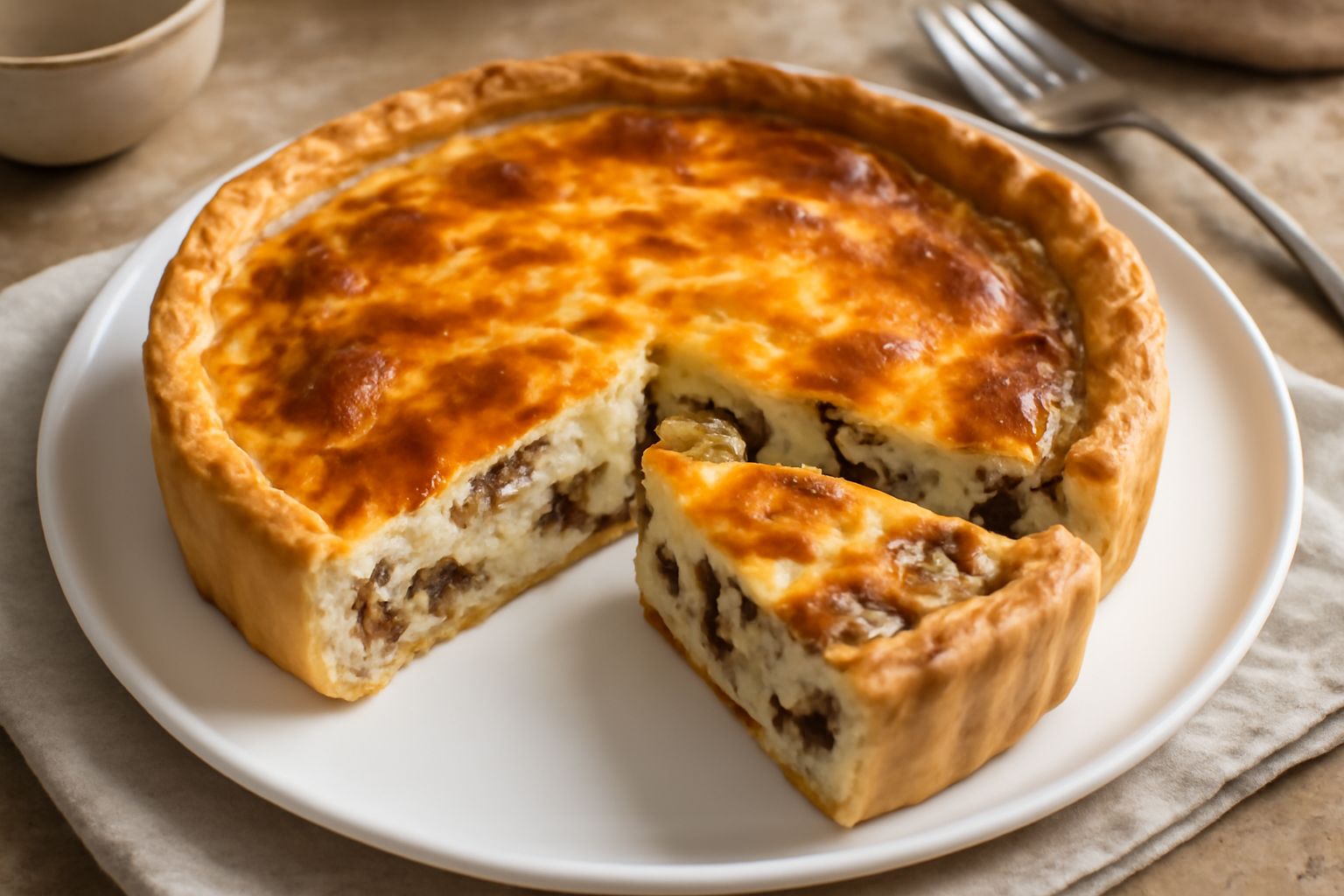 Torta salata con crosta dorata, fetta ricavata che mostra l'interno cremoso ripieno di funghi marrone scuro e formaggio giallo, guarnita con erba cipollina fresca sul bordo del piatto