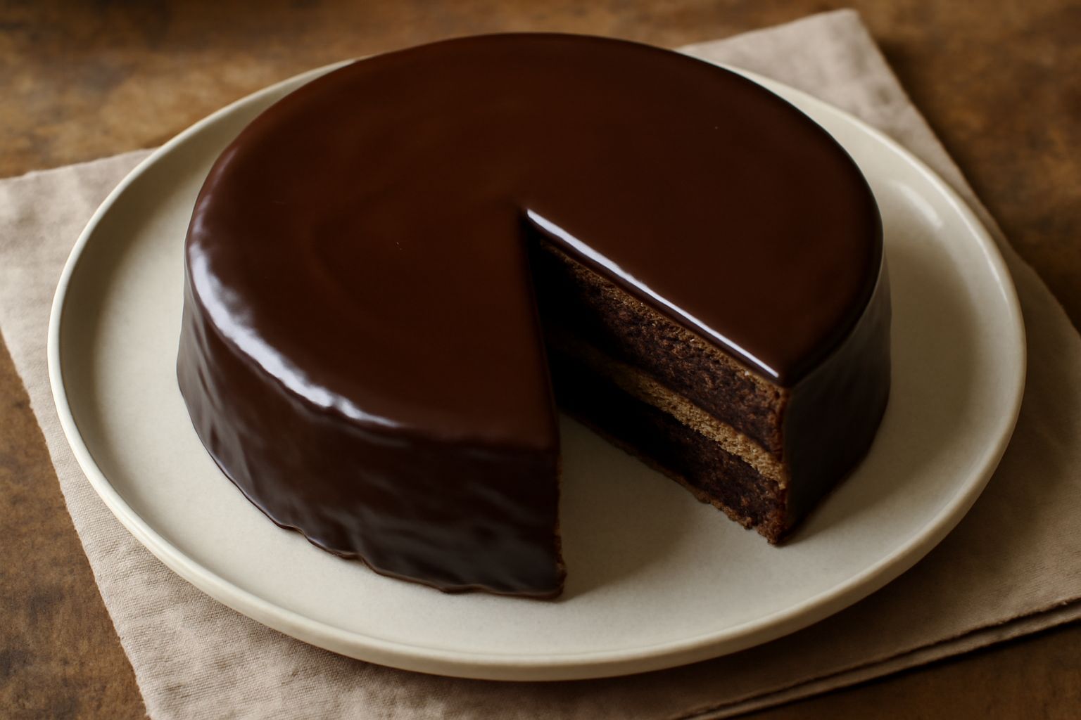 Torta di gianduia rotonda coperta di glassa marrone lucida, fetta servita in piatto bianco che mostra il ripieno di crema nocciola e base biscottata