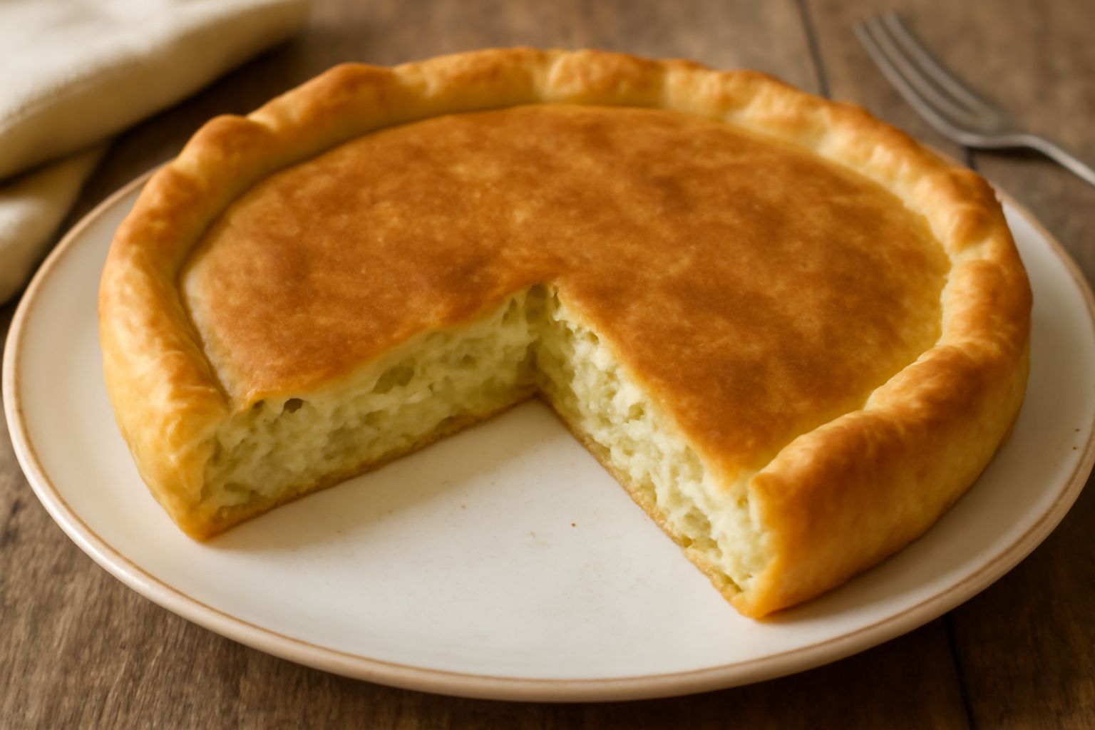 Torta di indivia appena sfornata, dorata in superficie, con sfoglia brisée croccante e bordi leggermente rialzati. Spicchi serviti nel piatto, farciti visibilmente di indivia bianca e cremoso ripieno 