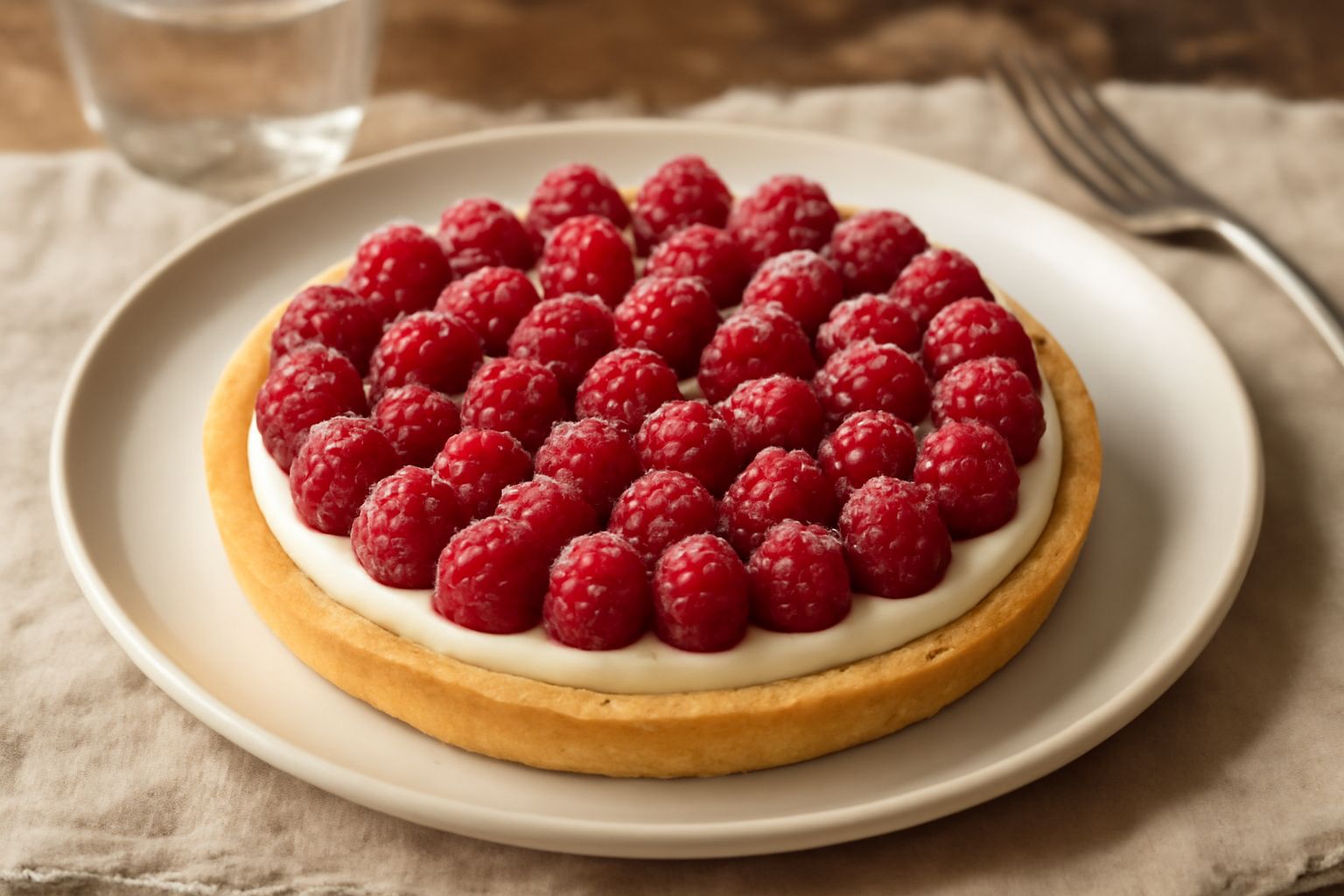Torta di lamponi con base color oro, crema bianca che emerge dai bordi, lamponi rosso intenso disposti ordinatamente sulla superficie, sfondo chiaro, piatto bianco