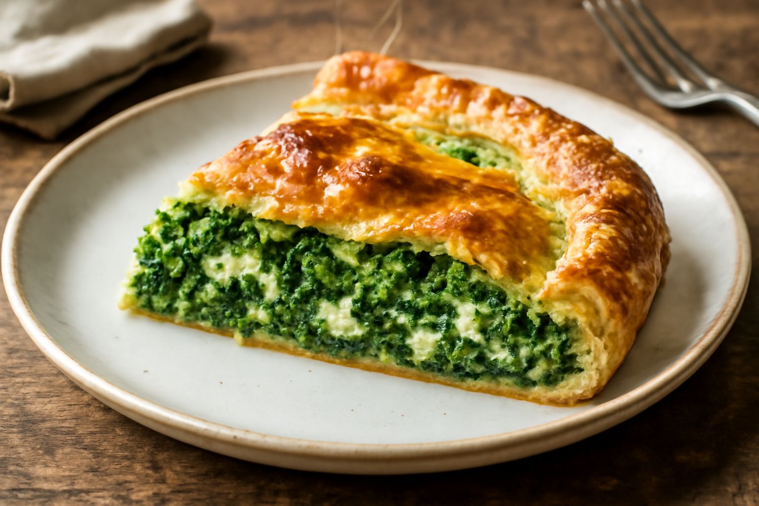 Una fetta di torta di lattuga appena servita nel piatto: pasta sfoglia dorata, ripieno verde della lattuga e formaggio grattugiato in superficie, contorni di verdure fresche