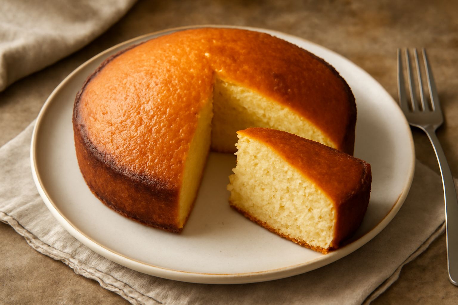 Torta di mais intera appena sfornata su un piatto bianco, dalla superficie dorata uniforme e leggermente rialzata al centro, con una fetta tolta che mostra l'interno giallo chiaro e soffice