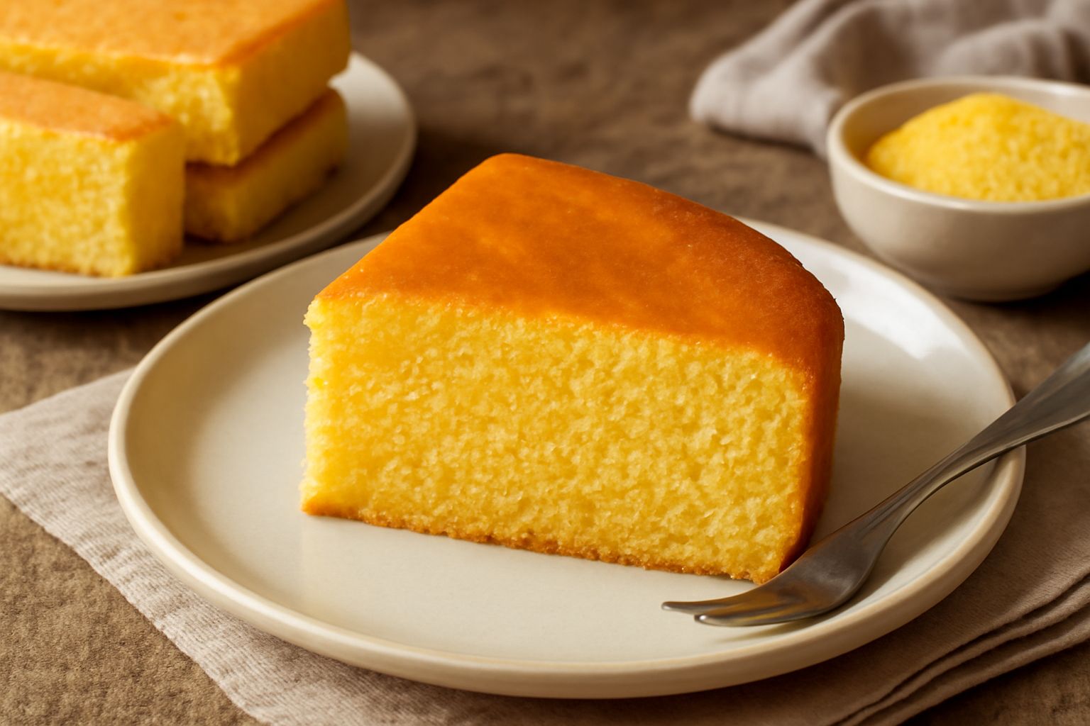 Torta di maiz dorata e soffice affettata nel piatto, con cruma gialla compatta, servita con una tazza di caffè e un canovaccio a righe bianche