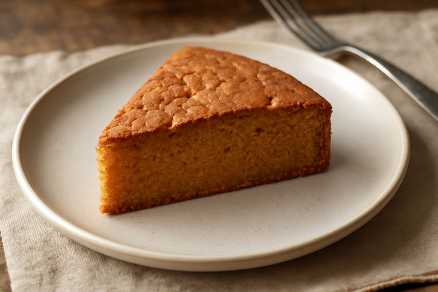 Torta di mandorla intera su un piatto bianco, colore dorato ambrato, superficie leggermente screpolata, fetta tagliata che mostra l'interno compatto e omogeneo, bordi regolari