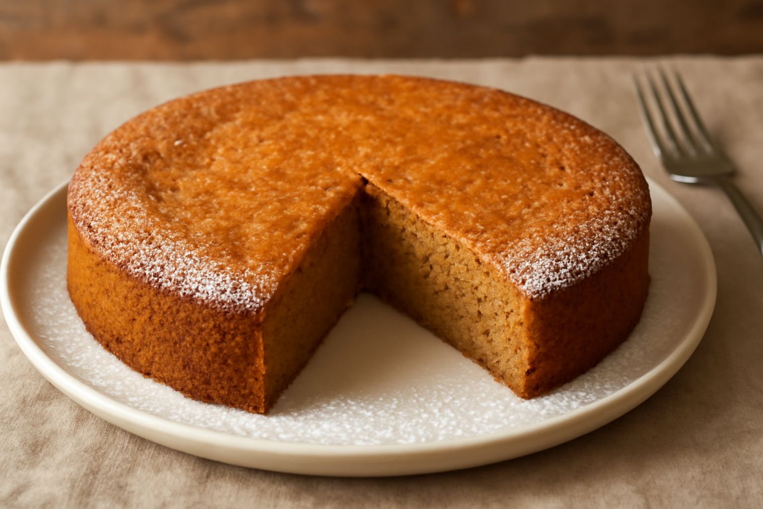 Torta di mandorle intera con superficie dorata uniforme, tagliata con una fetta che mostra l'interno umido e compatto, bordi regolari, servita su piatto bianco