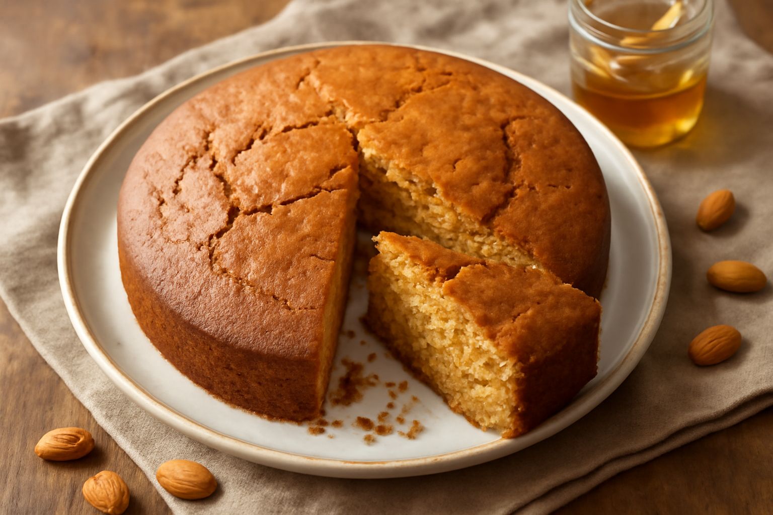 Torta di mandorle a fette dorate e soffice, con superficie brillante e screpolature leggere, posata su un piatto bianco con una spolverata di mandorle tritate. In sottofondo, un vasetto di miele e qua