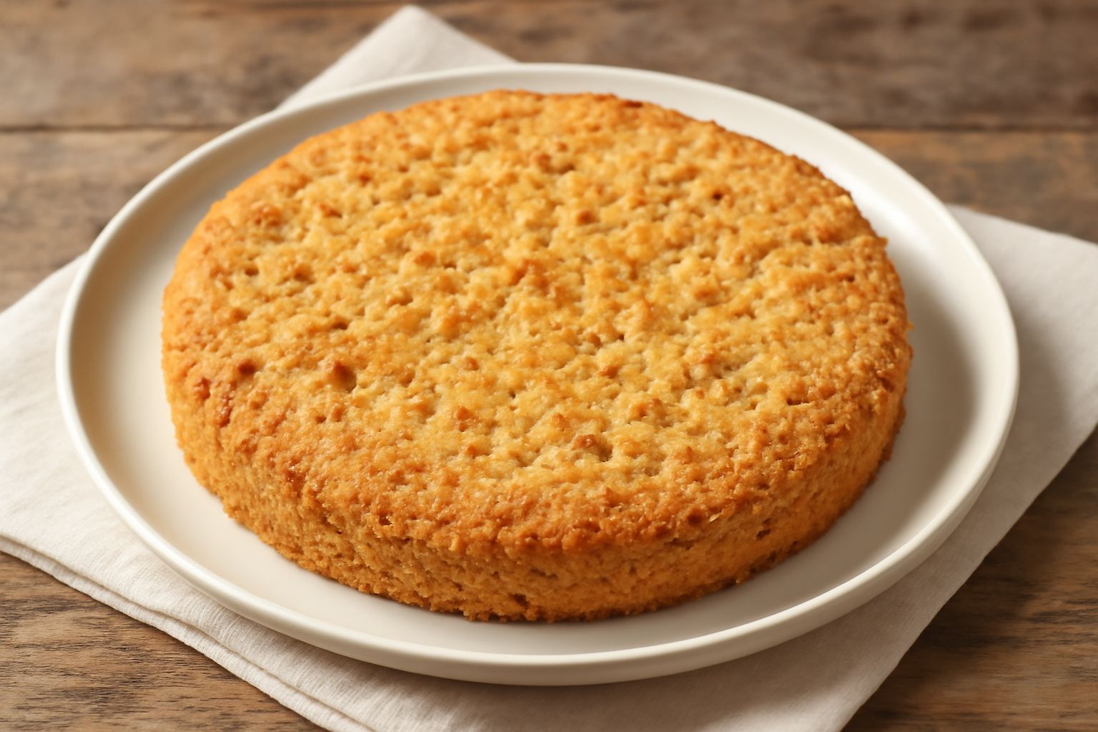 Torta di mandorle sassarese intera su piatto bianco, superficie dorata e compatta, spessa circa 3 centimetri, con mandorle visibili in superficie, accanto una fetta tagliata che mostra l'interno denso