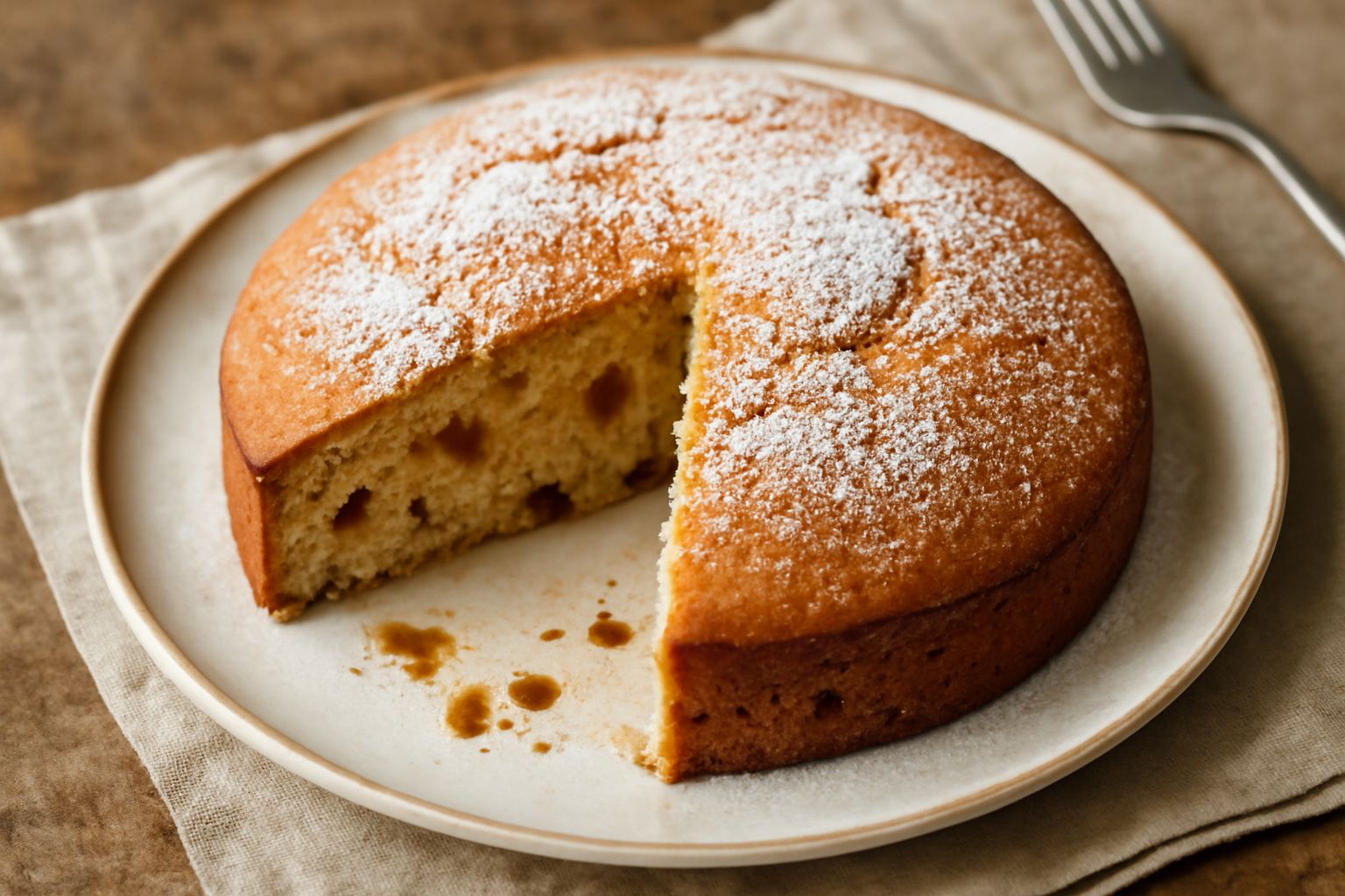 Torta di Mantova intera su un piatto bianco, dorata in superficie, tagliata a fette per mostrare l'interno morbido con pezzetti di frutta candita e mostarda, decorata con zucchero a velo