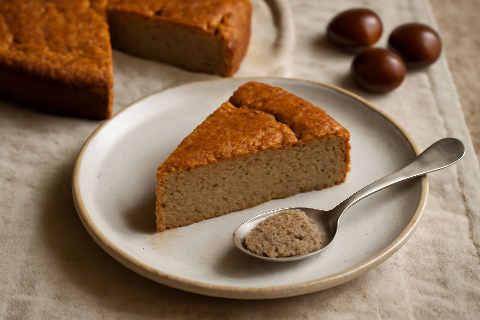 Torta di marroni intera su un piatto di ceramica bianca, tagliata in una fetta che mostra l'interno marrone chiaro e soffice, con polvere di zucchero a velo sulla superficie dorata