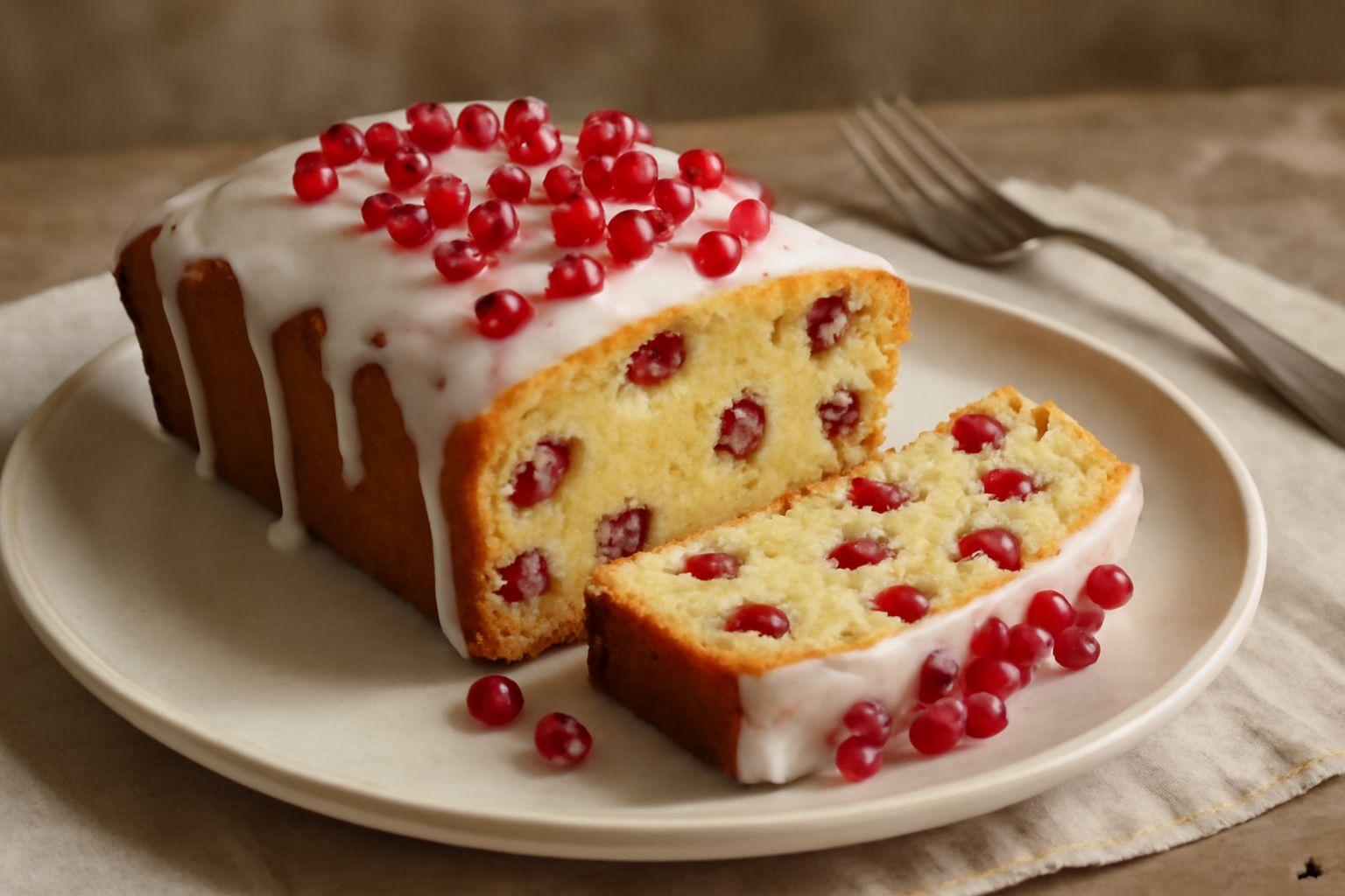 Torta di melagrana rotonda su piatto bianco, spicchi visibili all'interno con grani rossi e rosa sparsi nella mollica gialla chiara, glassato bianco trasparente sulla superficie con grani di melagrana